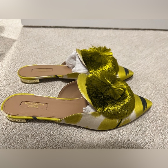Size 41 - Aquazzura Powder Puff Pompom Lime Green/Yellow Mules - Picture 2 of 16